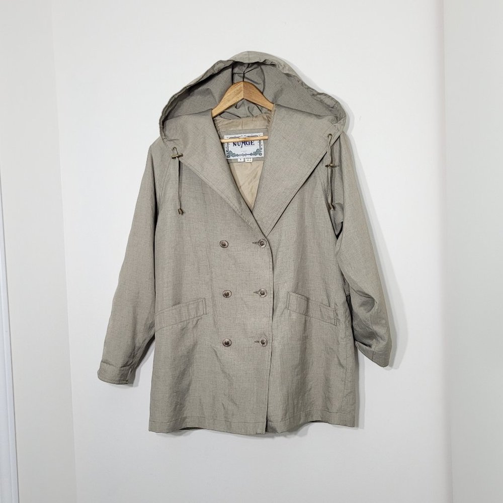 Nouveau Hooded Double-Breasted Trench Coat in Light Taupe